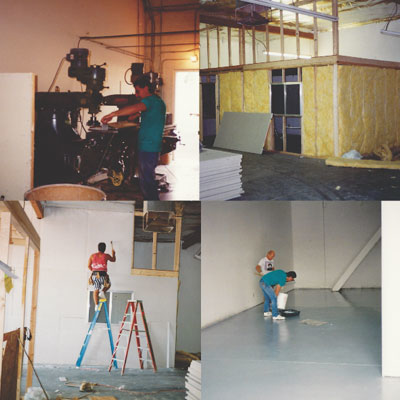 Collage of setting up Clear Image / US Acrylic Awards first shop 30 years ago.